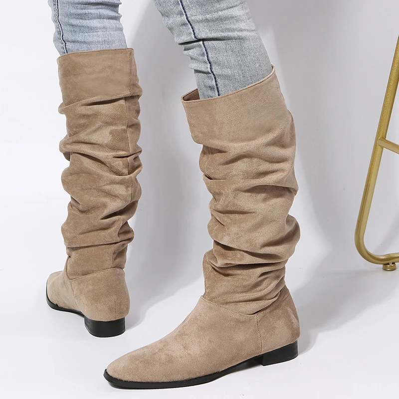 Jf2022 New Fashion Pleated Women Kneehigh Boot Low Heel Ladies Pointed