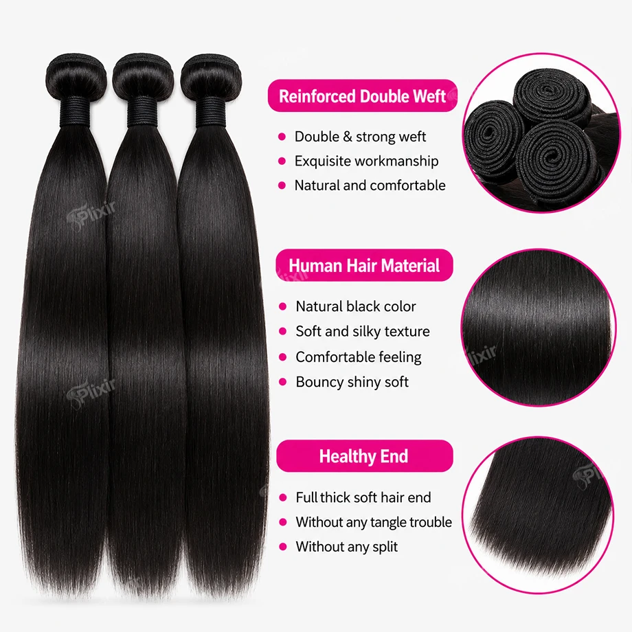 Straight Human Hair Bundles Raw Brazilian Hair Natural Black Human Hair Weave Extensions Thick Bundles For Black Women 1/3/4 PCS 4
