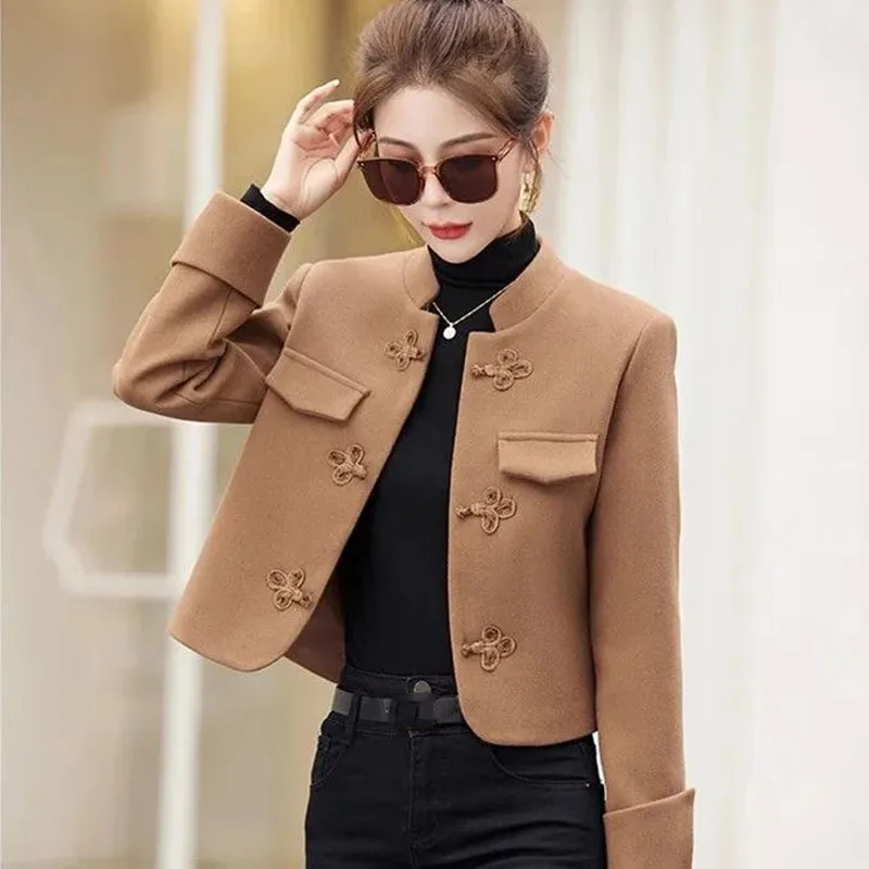 

Women's Woolen Jacket Autumn Winter 2024 New Korean Fashion Loose Pan Button Short Wool Coat Female Casual Overwear Ladies Tops