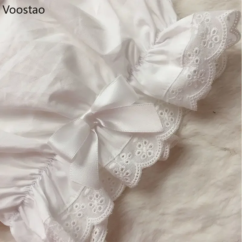 White Ruffles Knickers Women Kawaii Panties Cute Lace Bow Lolita Safety Shorts Pants Girl Elastic Vintage Victorian JK Bloomers