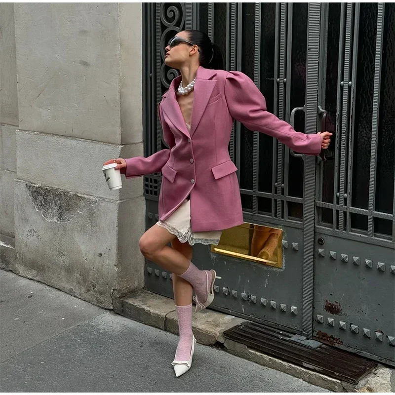 Blazer elegante para mujer, con mangas abullonadas, solapa entallada, botonadura sencilla, cintura ceñida, chaqueta femenina, primavera 2025, ropa de calle para dama