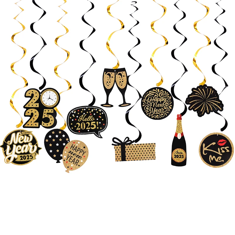 2025 Happy New Year Spiral Banner Paper Glasses Photo Frame Family Eve Party Decorations Photo Booth Props Photobooth Decor