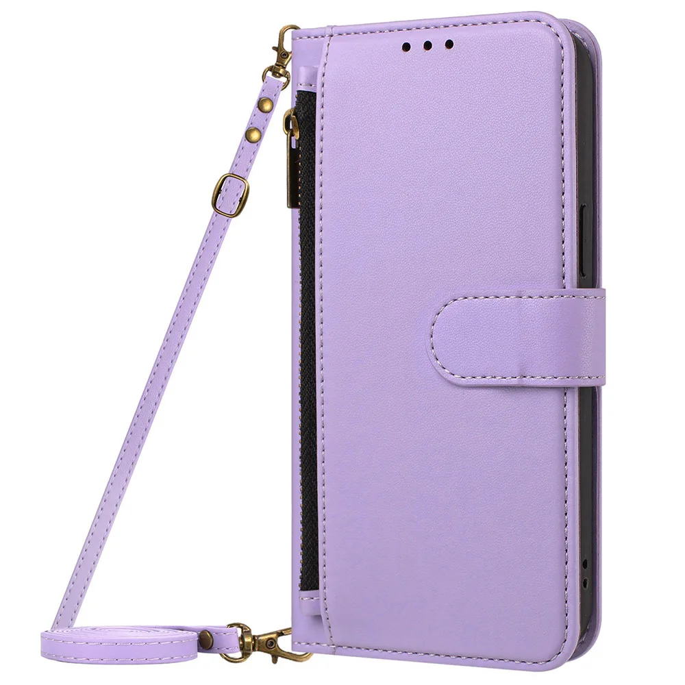 Leather Wallet Crossbody Phone Case with Lanyard Strap and Zipper