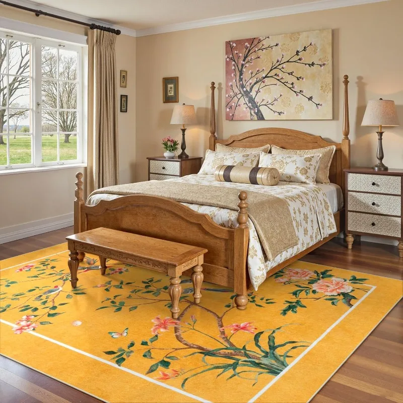 Chinese Living Room Carpet Bird Pattern Luxury Art Bedroom Plush Rug Foldable Machine Washable Non-slip Sofa Coffee Table Mat 러그