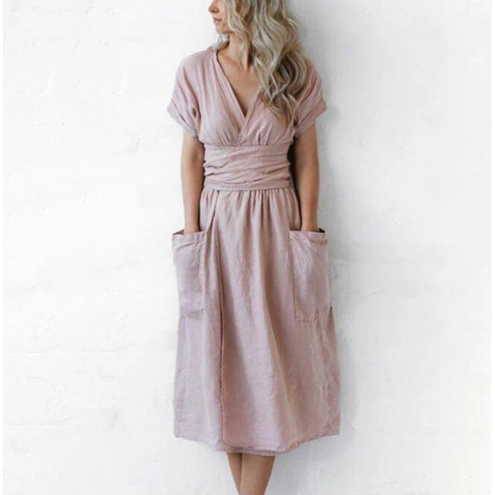 

Commuting Cotton And Linen Special Sashes Design Women Casual Short Sleeve V-neck Short Sleeve Dress Pocket Split Hem Strap