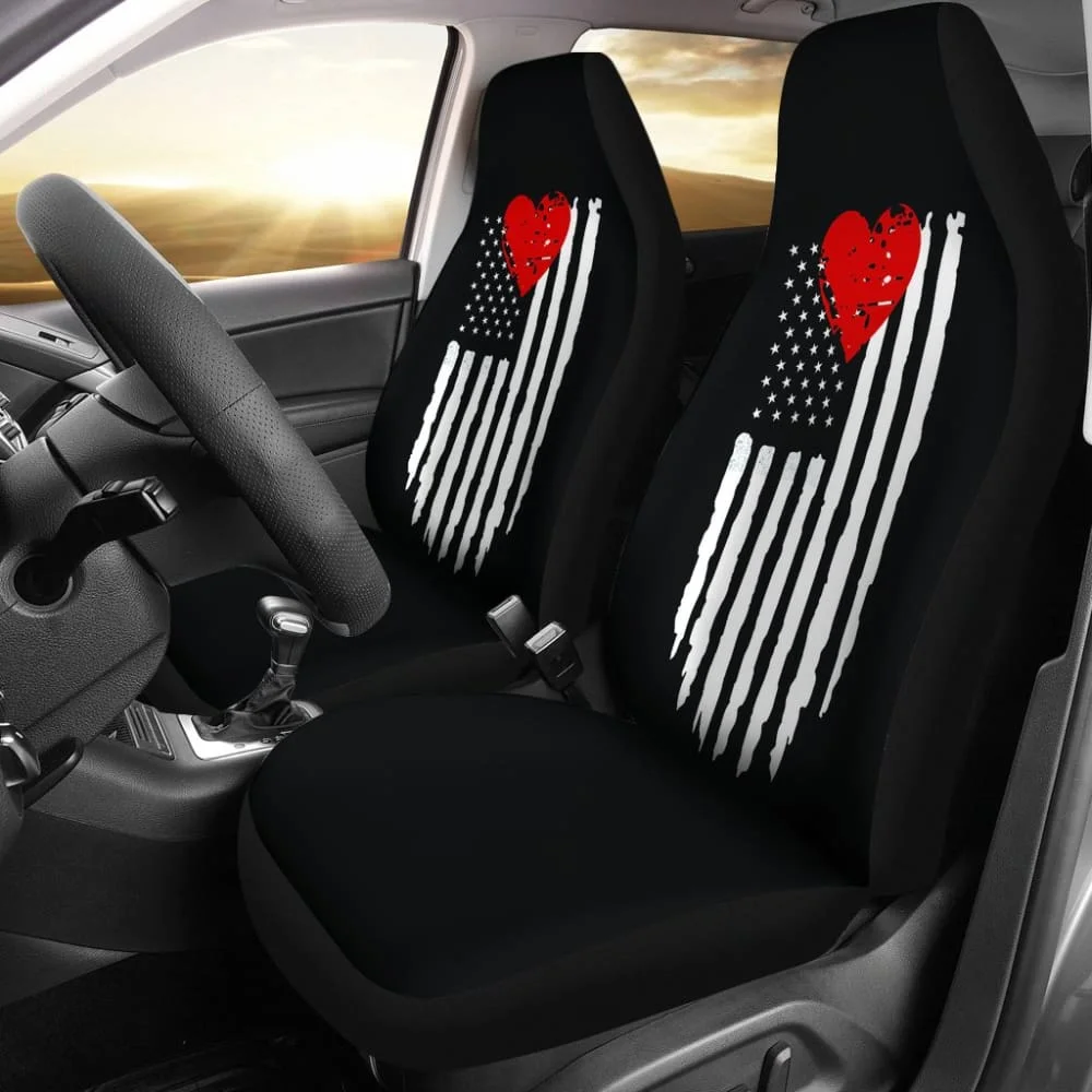 

Black With Distressed American Flag And Red Heart Car Seat Covers Seat,Pack of 2 Universal Front Seat Protective Cover