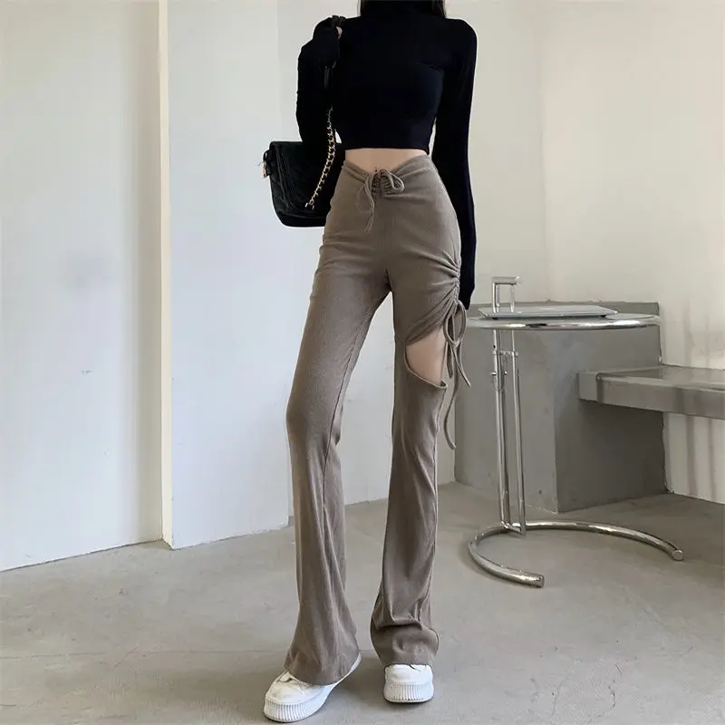 Feiernan Solid Grace Women Flare Pants Black Hollow Out Straight Trousers Khaki Causal Drawstring High Waist Full Length Bottoms black cargo pants