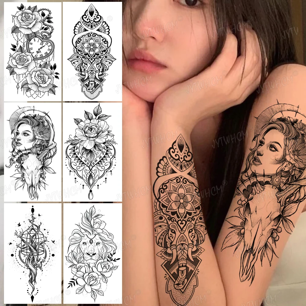 

Lace Lace Fake Tattoo Lasting Realistic Lion Flower Sheephead Goddess Animal Black Temporary Tatto Art Geometric Sketch Stickers