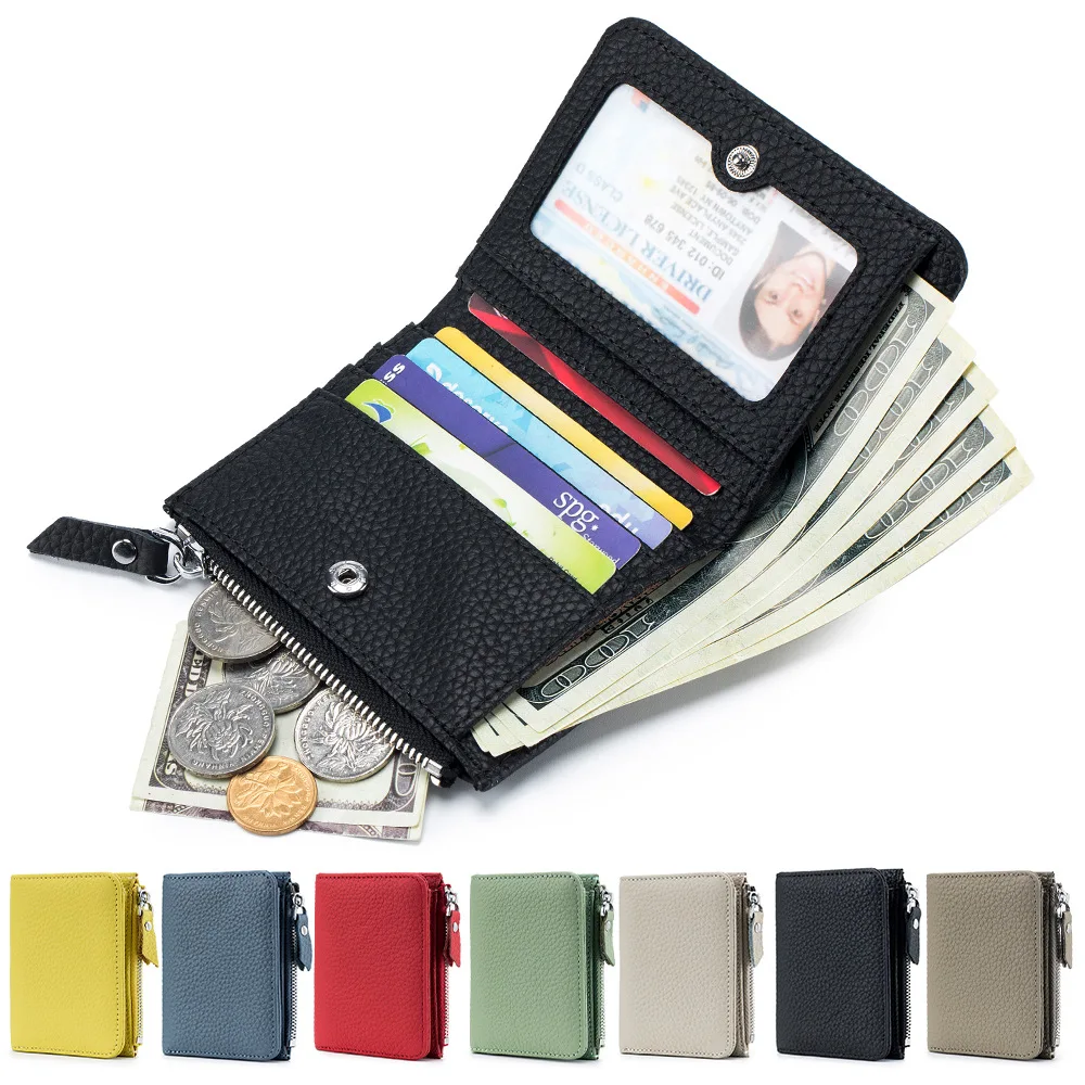 Womens Short Genuine Leather Wallet Small Compact RFID Blocking Credit Card Case Purse with Zipper Pocket Fashionable Ultra-thin