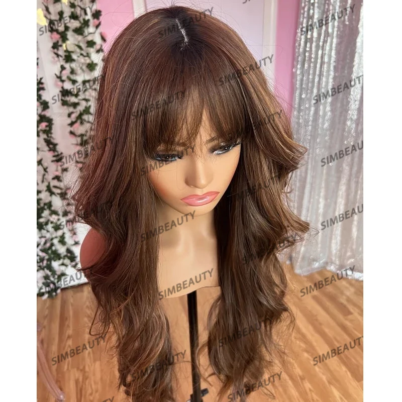 Highlight Fringe Lace Front Human Hair Women Wigs with Bangs Long Body Wave Balayage Brown 360 Lace Frontal Wig Natural Hairline