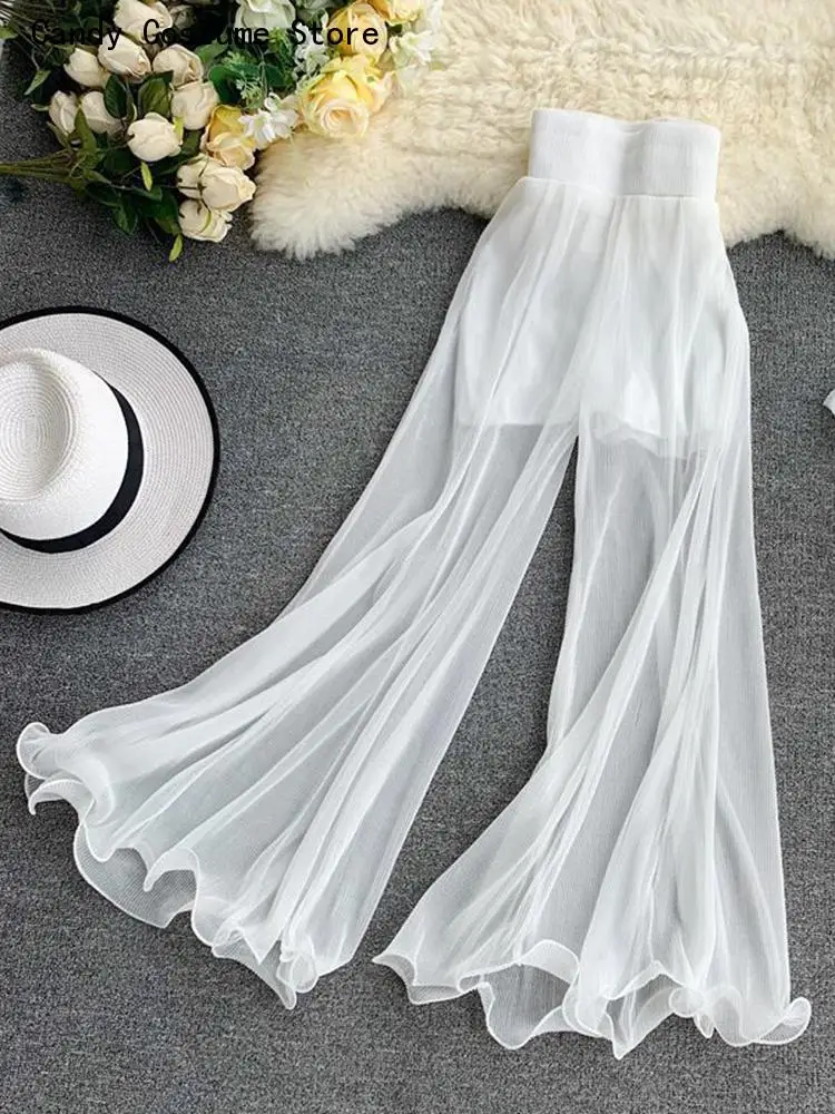White Summer Female Pants New Women Flare Pants Loose Gauze Elastic High Waist Ruffle Chiffon Ladies Trousers Fashion Black