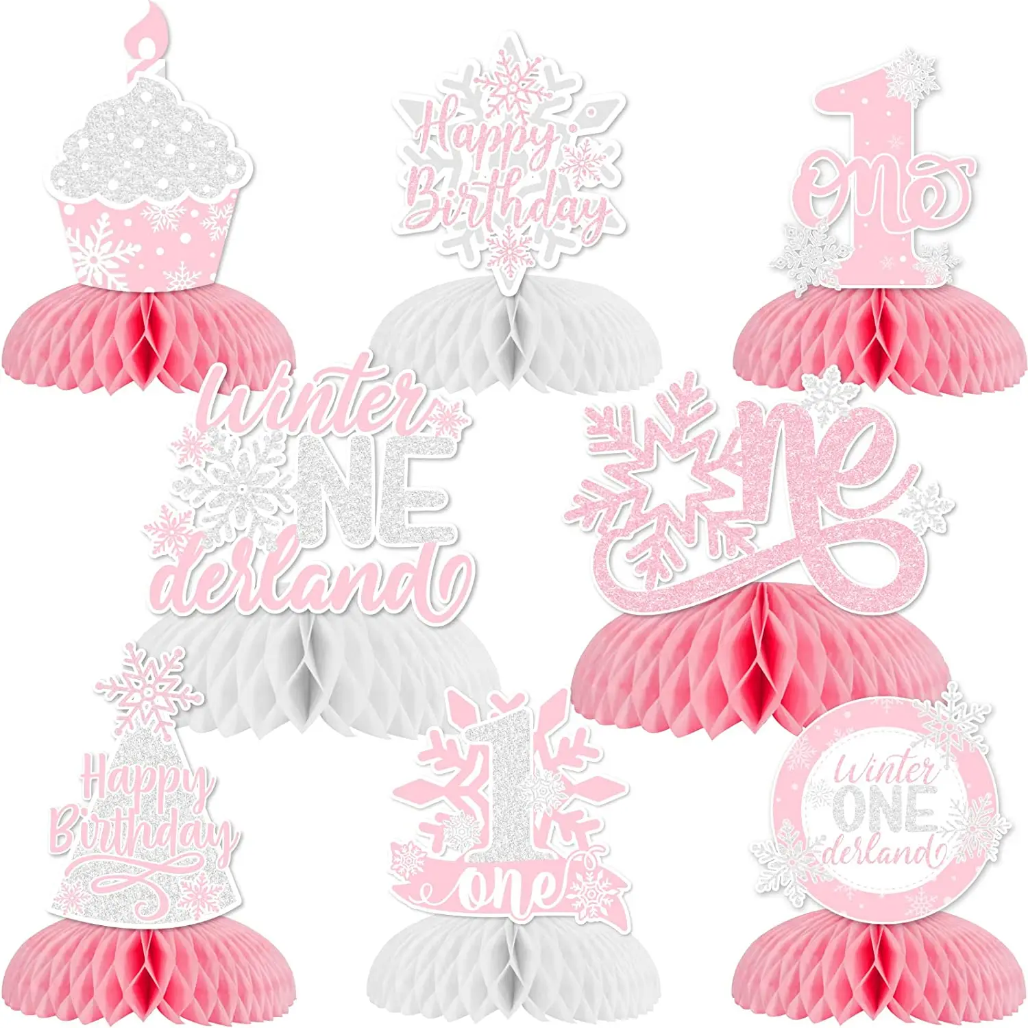 

Funmemoir 8Pcs Snowflake Honeycomb Centerpieces for 1st Birthday Pink Winter Onederland Party 3D Table Decorations for Girls