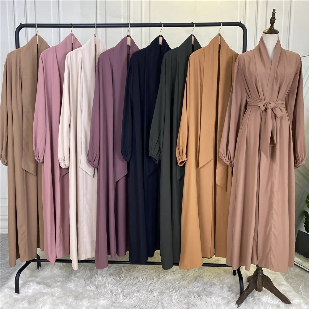 Plain Arabic Kimono Abaya Open Turkey Elastic Cuff Belted Abayas for Women Dubai Muslim Hijab Dress Islam Outfits Kaftan Robe