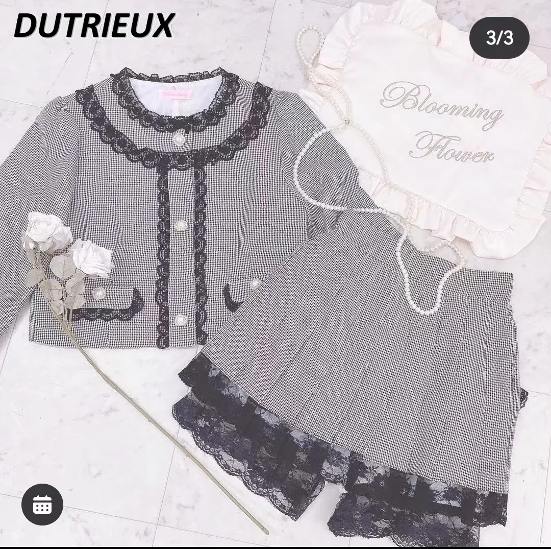 

Spring Autumn Lady Elegant Outfits Japanese Style Houndstooth Suit Pattern Top and Skirt Set Fashion Women's Two Piece Set