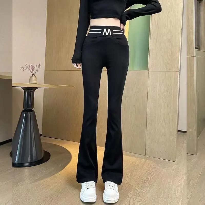 Summer New Korean Fashion Simple Flare Pans Women Solid Elastic High Waist Patchwork Pockets Slim Versatile Straight Trousers
