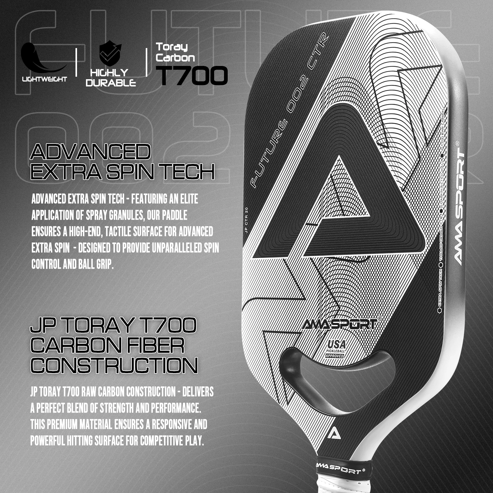 AMASPORT T700 FUTURE 002 Toray Carbon Pickleball Paddle Frameless 13mm Extra Spin Tech Honeycomb Core hermoformed Pickleball