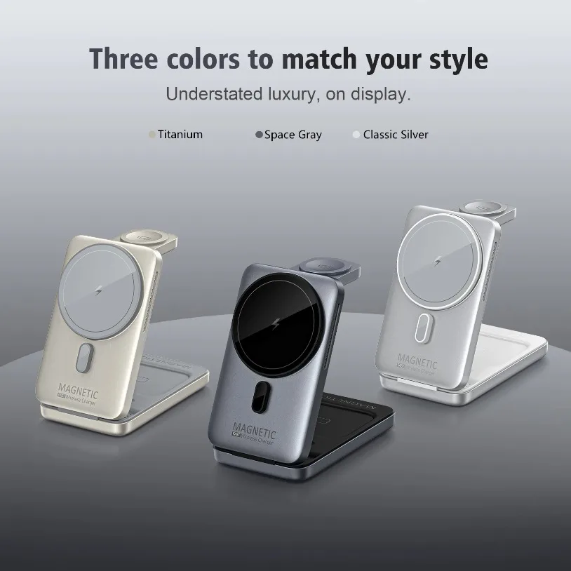 Foldable 15W Magnetic Wireless Charging Station Desktop Stand for iPhone 12-17 iWatch 1-10 & AirPods Portable Design for Office