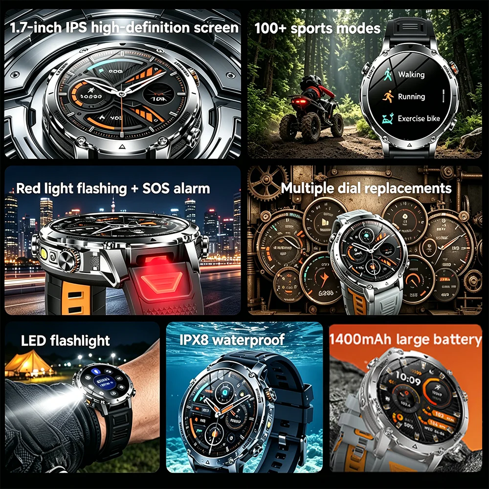 2026 Military 1400 Mah battery smartwatch, men's outdoor flashlight, IPX8 waterproof,100+sports,Bluetooth call, fitness band 2
