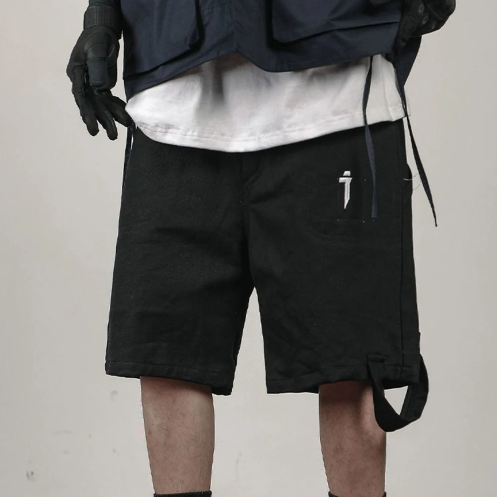 Hip Hop Solid Color Cargo Casual Shorts Multi Pockets Harajuku Retro Shorts Pants Male Streetwear  Ribbon Loose