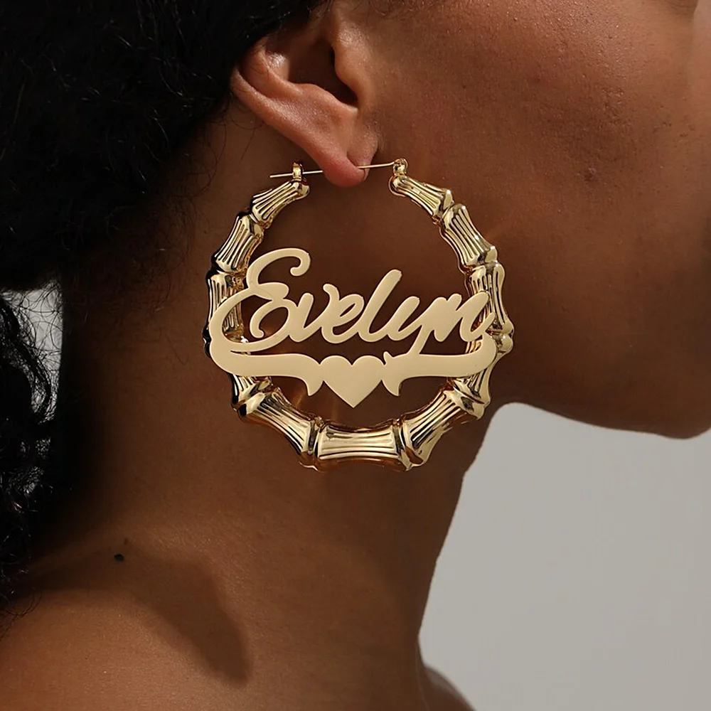 

Custom Name Earrings Personalise 50mm 80mm 100mm Big Hoop Women Bamboo Shape Earring Stainless Steel Jewelry Gift for Girlfriend