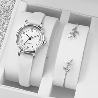 2PCS/Set Women's Watches Fashion Small Arabic Dial Quartz Watch Casual Leather Band Wristwatches Bracelet Set（Without Box） 1