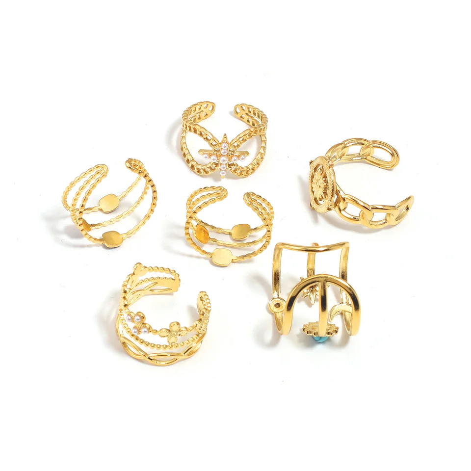 Set di anelli in oro placcato in acciaio inossidabile bohémien con stella di cristallo, luna, fiore, farfalla, costellazione, anello per le donne  36
