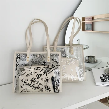 Clear Commuter Tote Bags - Large reusable work and school shoulder bags, lightweight tote bags, large capacity tote bags-tan