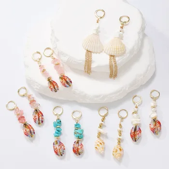 Bohemian Ocean Beach Shell Drop Earrings For Women Jewelry 2025 Trending New Vintage Ethnic Natural Shell Crushed Stone Earrings