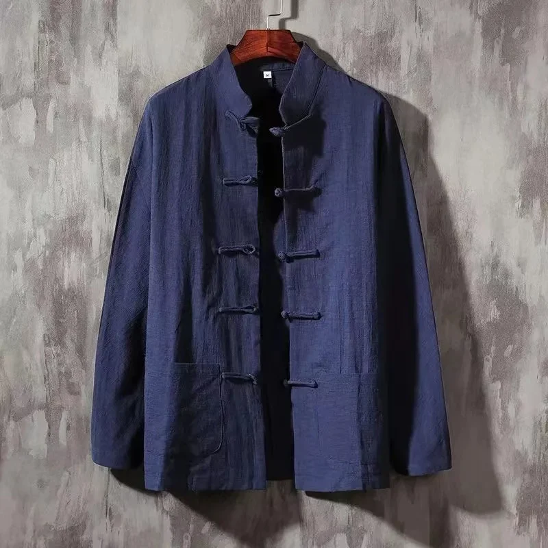 XXXXXL Plus Size Men Cotton Linen Shier Autumn Spring Men Collarless Long Sleeve Frog Button Loose Blouse Tops Oversized M-5XL