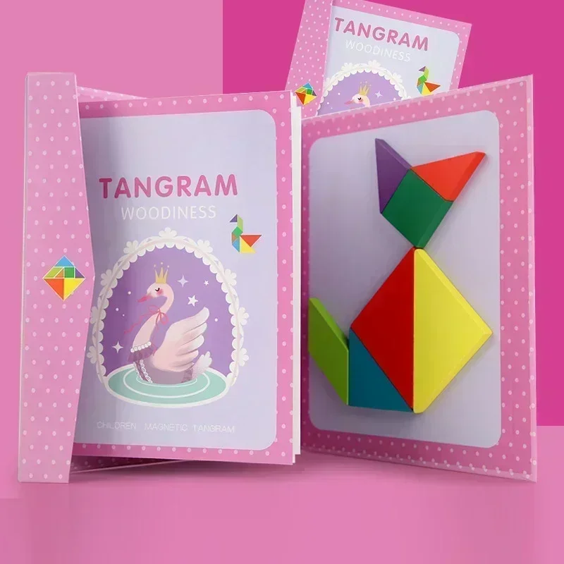 Wooden Jigsaw Magnetic Tangram Puzzle Book Educational Toys For Children Baby Kid Portable Montessori Learning Intelligence Hot