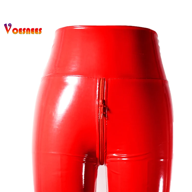 New Red Sexy Open Crotch Women Pants PU Double Zipper Bodycon Trousers Ladies Exotic Slim Nightclub Micro Elasticity Leggings 3
