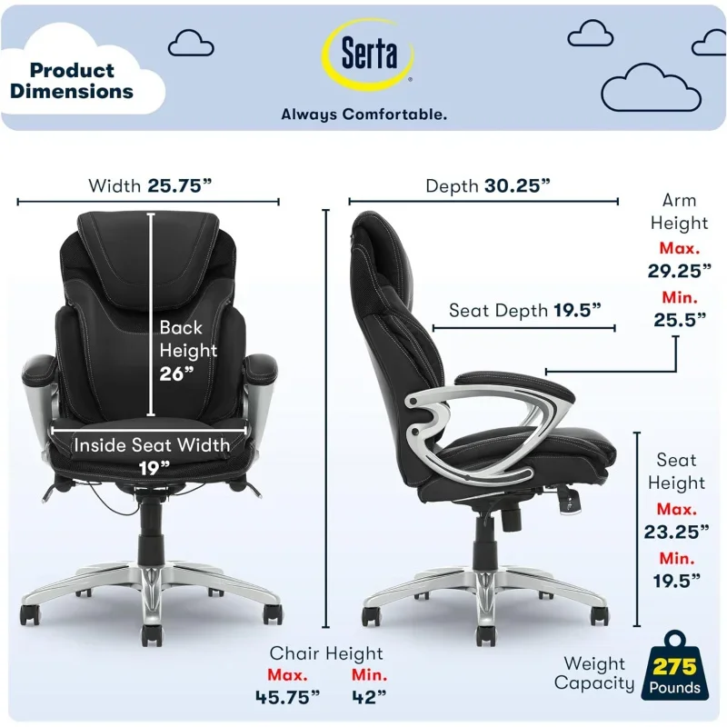 Serta Bryce Executive Office Chair, Ergonomic Computer DeskChair with Patented AIR Lumbar Technology, Comfortable LayeredP