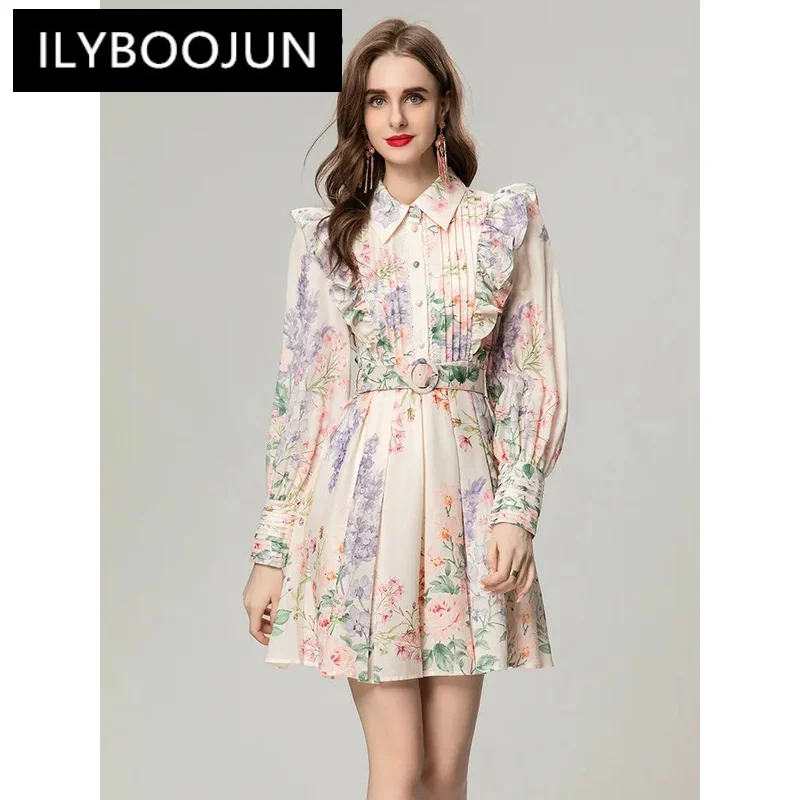 

ILYBOOJUN Autumn Fashion Runway Gorgeous Dress Women Draped Ruffles Sashes Turn-down Collar Lantern Sleeve Mini Pleated Dresses