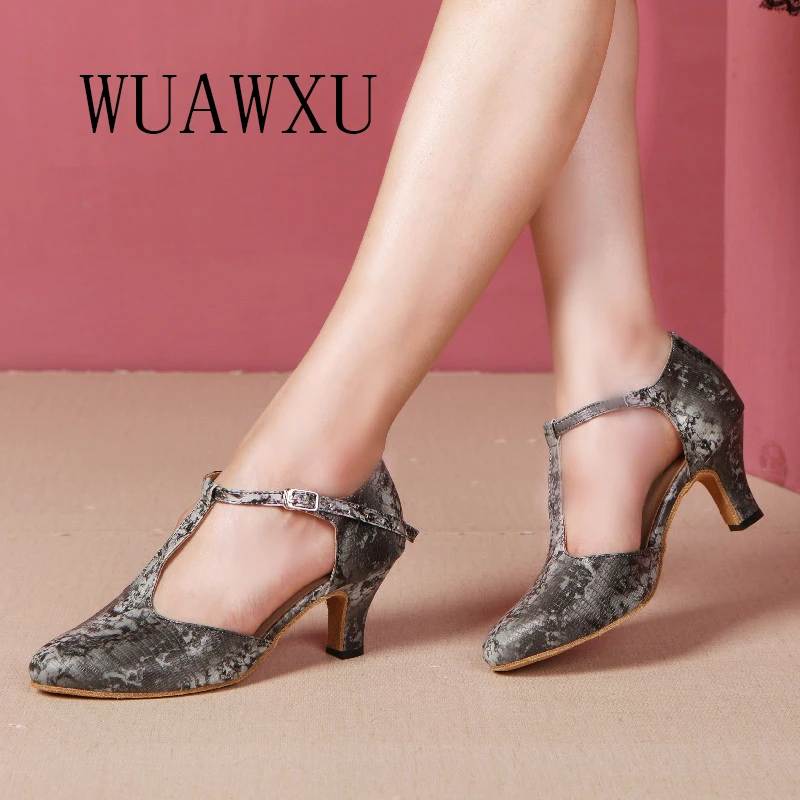 NATASHA Latin Dance Women's T Lace Brown 8cm Medium High Heel Tango Rumba Dance Shoes Salsa Sandals Samba Shoes