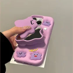 Kawaii Purple Ghost Cartoon Phone Case with Mirror Stand Holder and Silicone Cover - iPhone 15 (Purple)