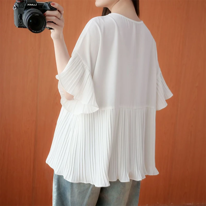 Summer Oversized Loose Casual Pleated Patchwork Pullover Blouse Women Flare Short Sleeve Solid Color Chiffon Shirt Female Top
