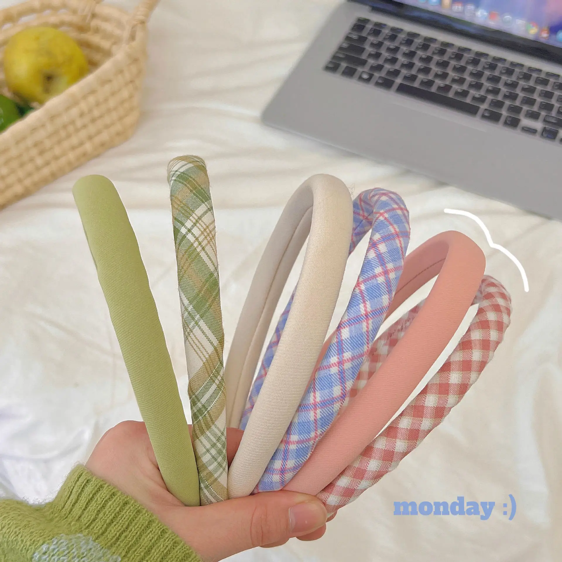 2PCS Spring & Summer Sweet Versatile Solid & Plaid Fabric Padded High-Crown Women’s Thin Headband 6