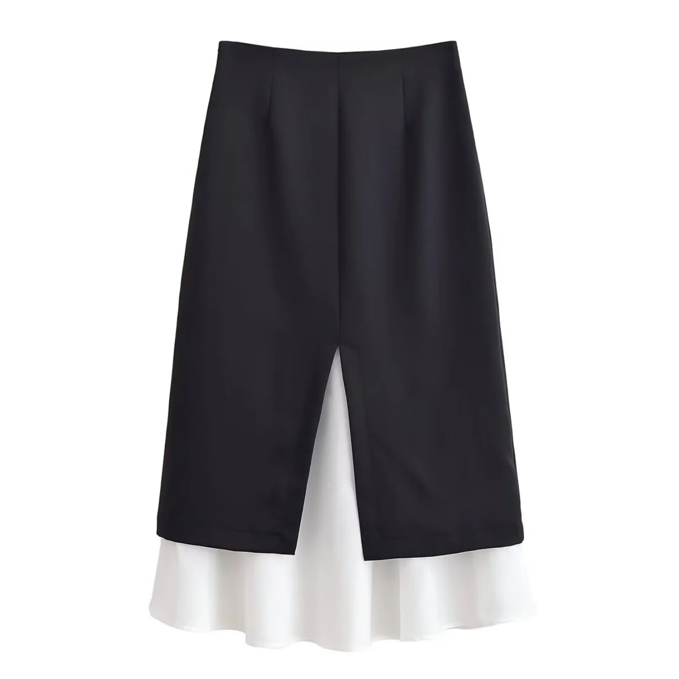 Women's Spring Autumn Fashion High Waist Midi Skirt Black With White Splicing Casual Skirts Female Commut Ol Elegant Half Skirt