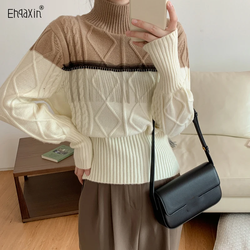 

EHQAXIN 2022 Autumn Winter New Women's Sweater Simple Casual Loose Chain Splice Retro Knitted Pullover Sweaters Ladies One Size