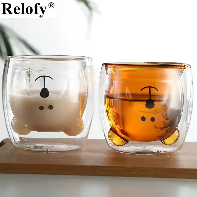 250ml Double Wall Glass Coffee Cup Cute Animal Beer Mug Wine Glass Mug Lovers Family Milk Juice Water for Drinking Drinkware