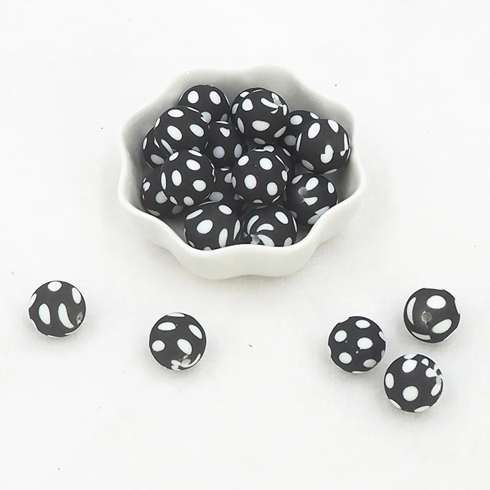 

Chenkai 10PCS 12mm Black Ball Print Silicone Beads Baby Round Shaped Beads BPA Free Teething DIY Sensory Chewing Toy Accessories