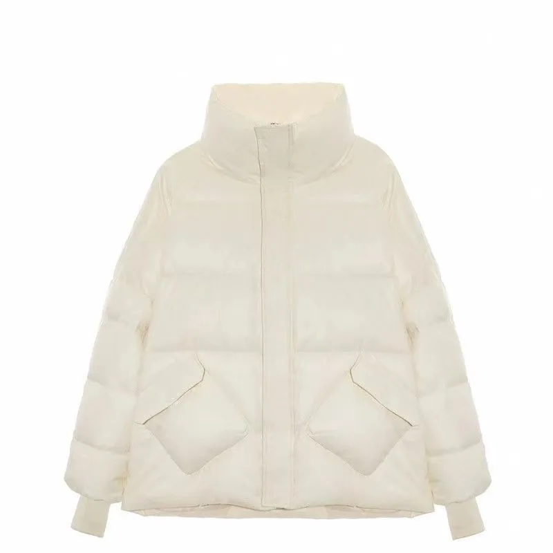 2023 New Women Down Jacket Winter Coat Female Short Stand Collar Parka Warm Thicken Pure Color Outwear Loose Big Pocket Overcoat