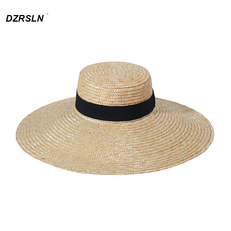 

New ins Summer Large Brim Straw Hat For Women Black Silk Ribbon Beach Hats Hawaiian Party UV Protection Oversized Sunshade Hat