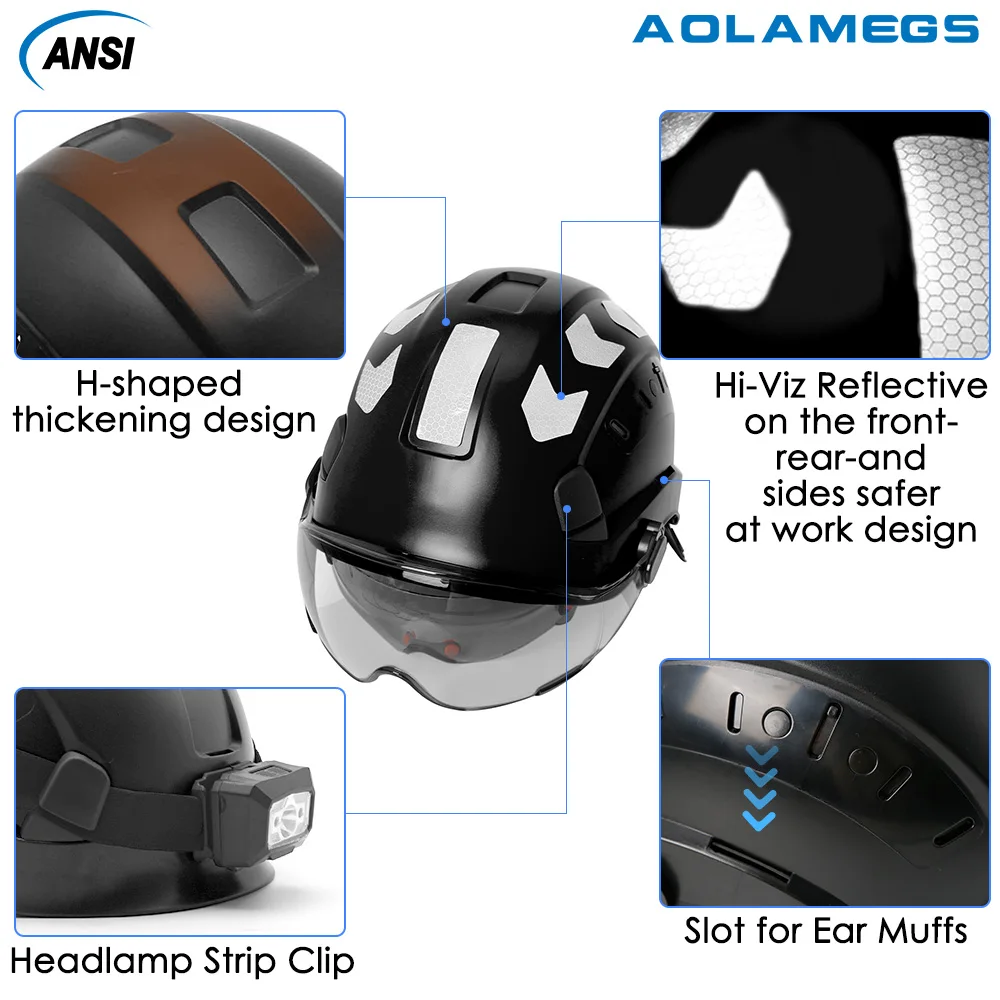 CE Construction Safety Helmet With Visor Built In Goggles And Reflective Stickers ABS Hard Hat ANSI Industrial Protection Cap safety helmet