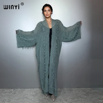 WINYI kimono kaftan beachwear boho cardigan evening dress abaya dubai luxury cover-ups beach outfits women long down maxi dress 1