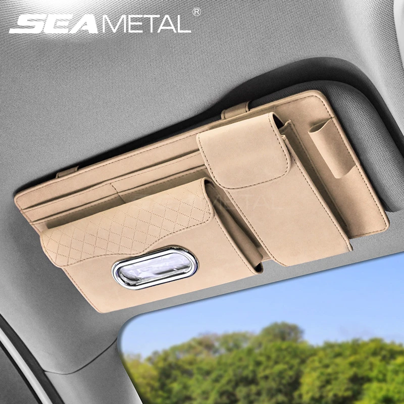 Suede Car Sun Visor Storage Bag with Glasses Case and Tissue Holder