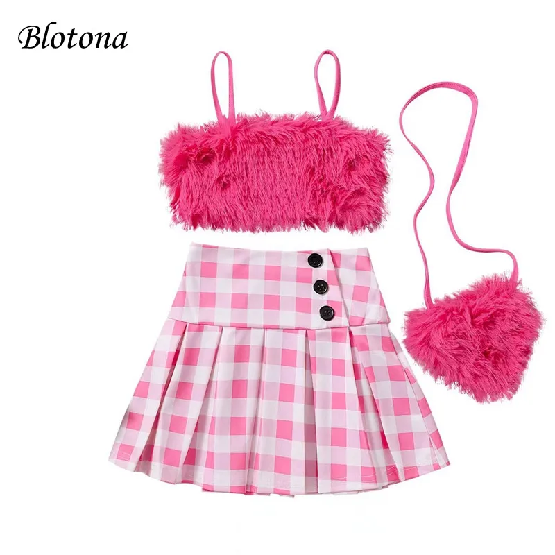 

Blotona Kids Girls Summer Outfit Plush Sleeveless Camisole Tops Elastic Plaid Pleated Skirt with Crossbody Bag Set 2-8Years