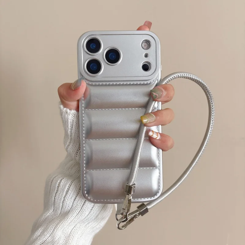 Luxury Wave Puffer Down Jacket Wrist Strap Phone Case - Solid Color Soft Cover