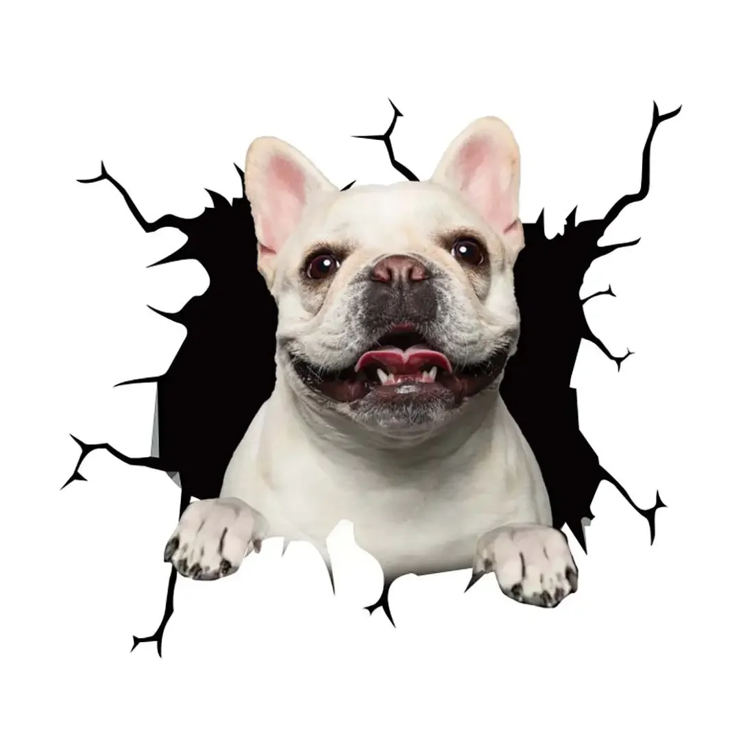 thumbnail image 1 of Pegatinas 3D con diseño de cachorro y ventana rota para coche, decoración de motocicletas, simulación de bulldog francés, calcomanías de vinilo impermeables para ventanas traseras de automóviles, 1 of 5