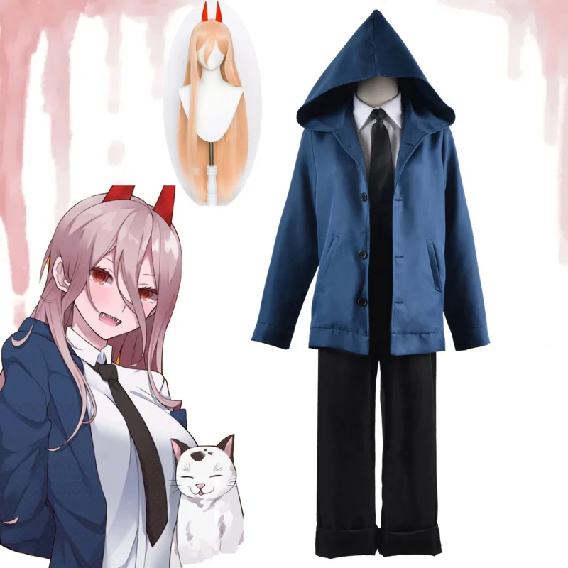 

Chainsaw Man Power Cosplay Costume Outfits Blue Suit Shirt Tie Short Wig Neck Ring Women Anime Uniform Halloween